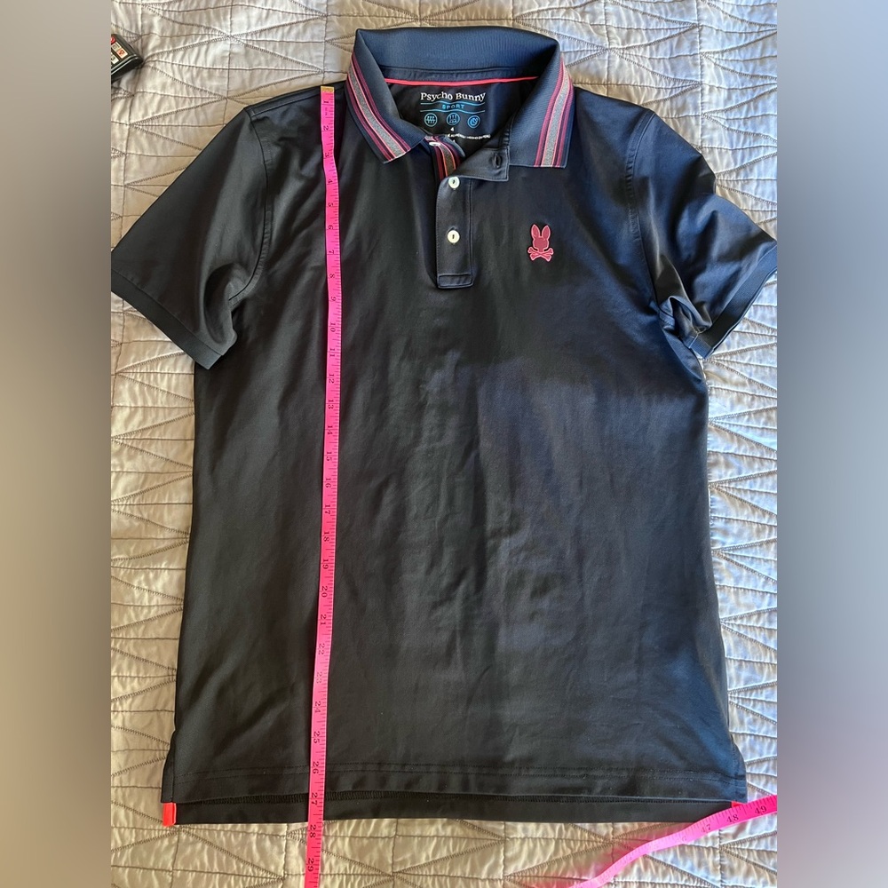 Psycho Bunny Navy Polo with orange Logo and Striped Collar